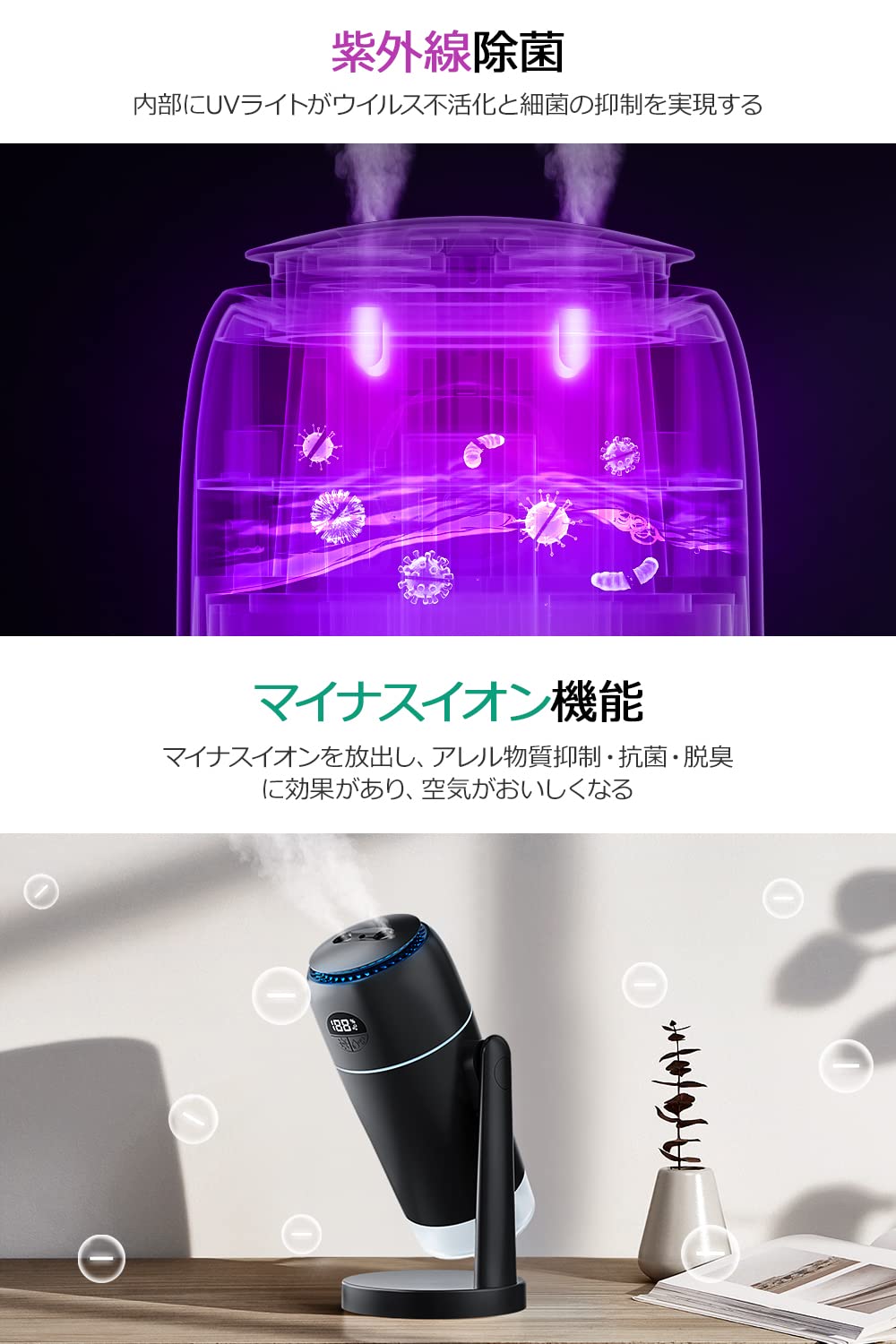 Amazon.co.jp: 加湿器 卓上 小型 【2024冬新モデル&UV除菌&マイナス